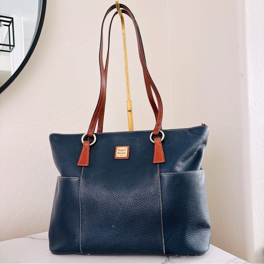 Dooney‎ & Bourke Helena Shopper Navy Blue Brown Leather Tote Bag W/ Red Lining